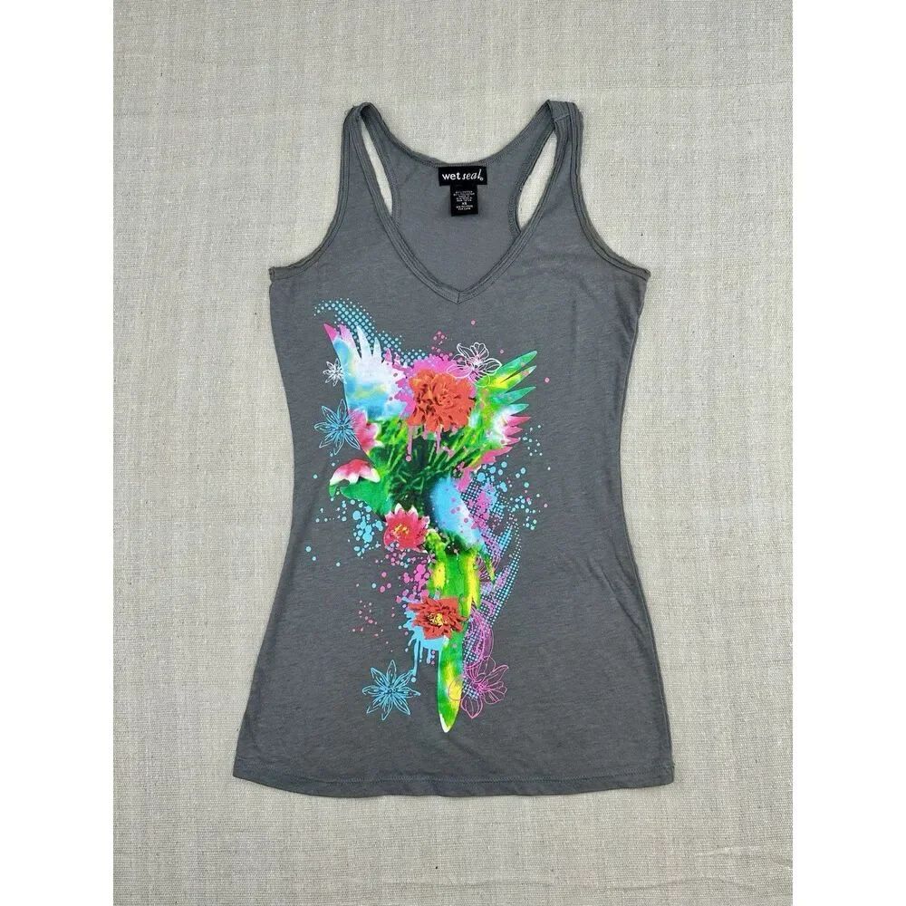 Vintage Y2K Wet Seal Tank Top Women’s XS Gray Neon Floral Graphic Racerback